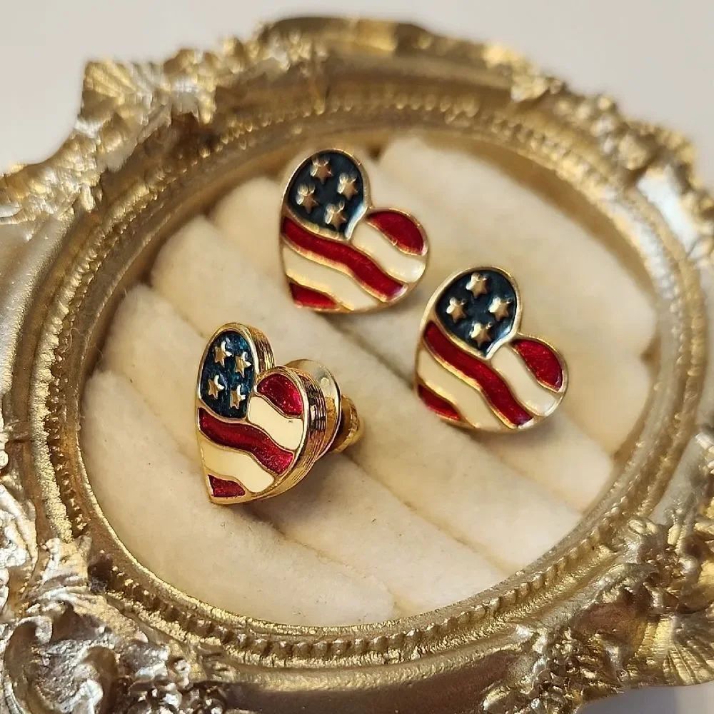 Vintage 90s Avon Heart Flag Pin With Matching Earrings